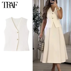 TRAF 2024 Knit Sleeveless Vests for Women White Black Cropped Vest Top Women Vintage Button Female Vest Knitted Short Vest Women