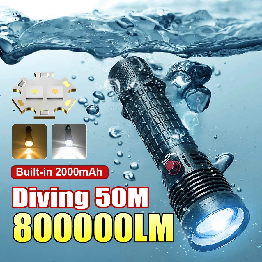 

2025 Upgraded Diving Flashlight Yellow and White Light Diving 50 Meters Professional Scuba Lamp Underwater Lantern Searchlight