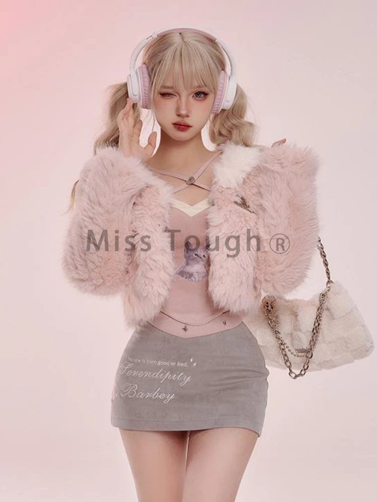 Winter Japanese Kawaii 3 Piece Set Women Sweet Party Cat Print Skirt Suit Female Fashion Fur Jacket+Cute Vest+mini Skirt 2023