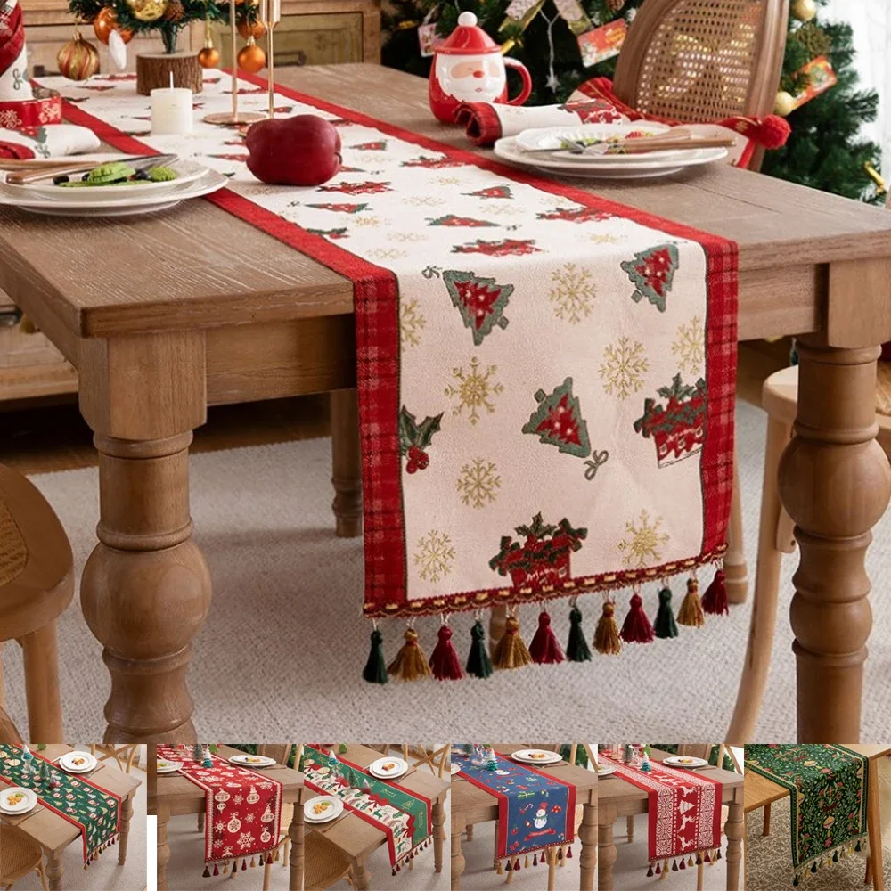 

1PC Table Flag Color Woven Jacquard Christmas Snowman Tassel Household Polyester Tablecloth Table Flag Bed End Flag Coverlet