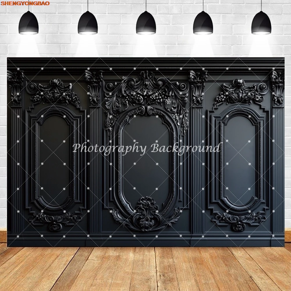 خلفية حائط داخلية كلاسيكية فاخرة باللون الأسود لحفلات الزفاف وأعياد الميلاد وديكور حفلات الكبار والحوامل وخلفية التصوير الفوتوغرافي