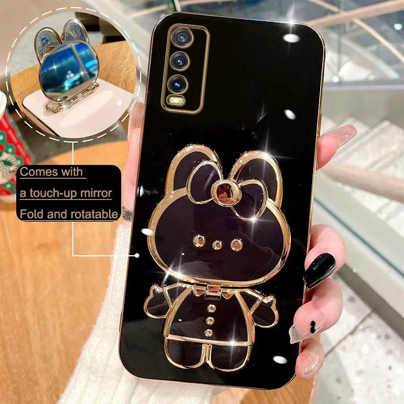 Rabbit Mirror Stand Phone Case VIVO Y20 12 15 A Y19 21 Y30 Y50 Y33 Y35 Y76 Y91 Y95 S T I Hole V23 V25 V21 V20 S1 Pro 4G 5G Cover