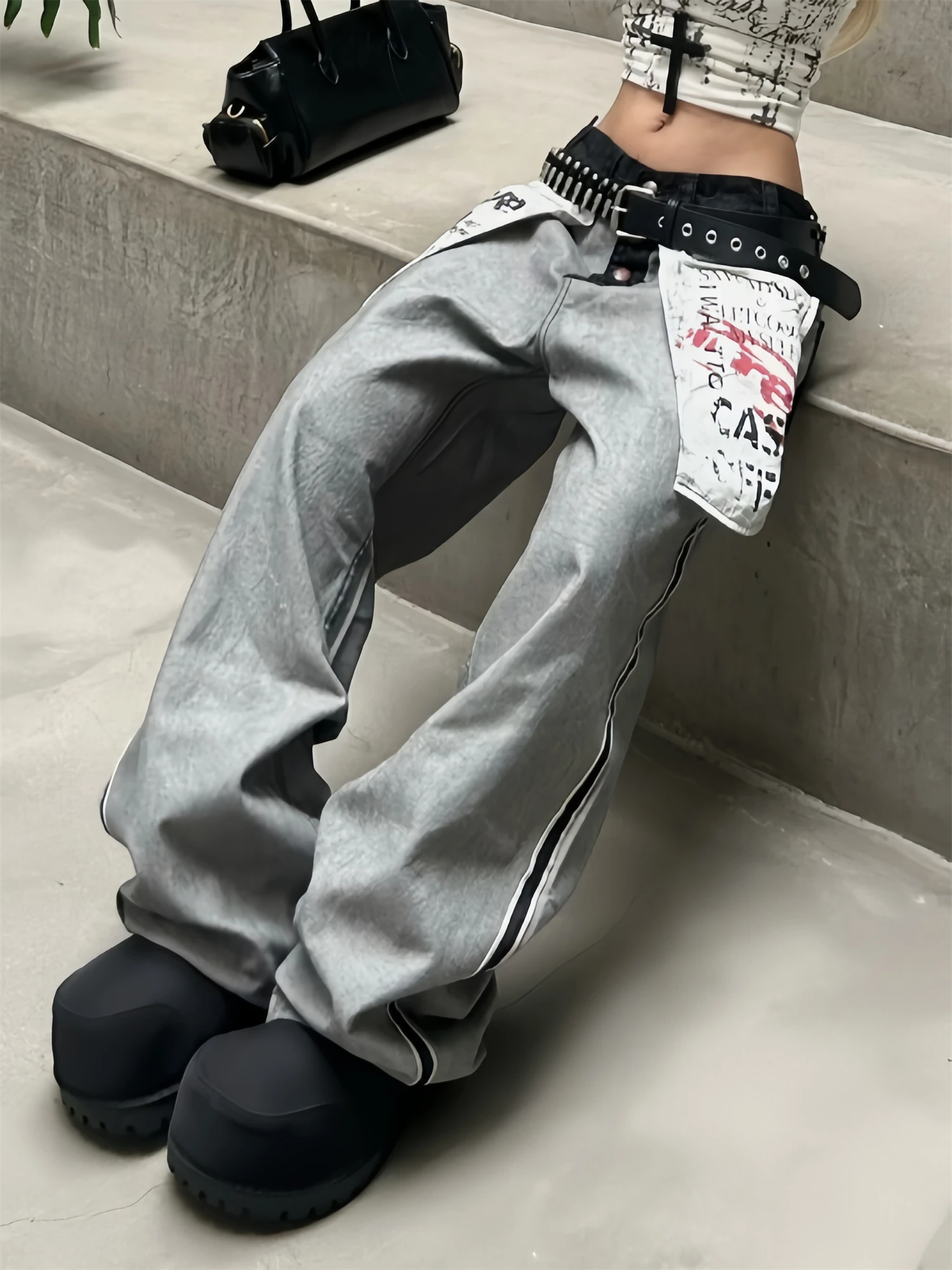 Women's Loose Wide Leg Jeans Y2K Grunge Punk Vintage Washed Gray Graphic Print Patchwork Streetwear Casual Ladies Denim Pants