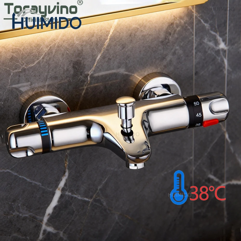 Torayvino Thermostatic Bath Shower Control Valve Bottom Faucet Wall Mounted Bathroom Chrome Polished Temperature Mixer Water Tap