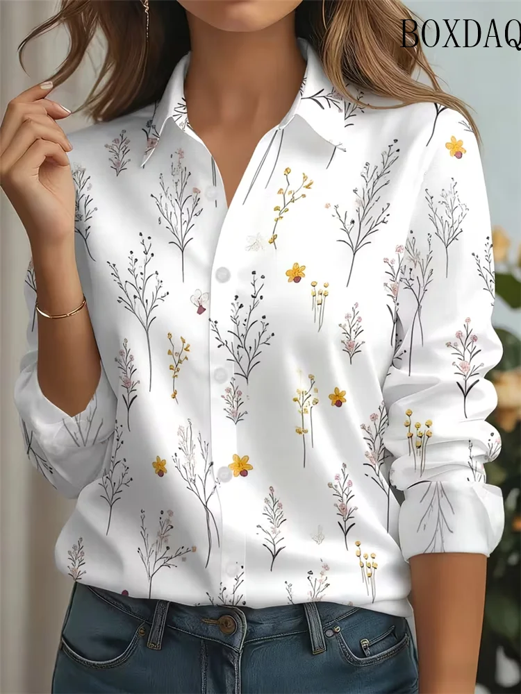Women's Printed Small Floral Long Sleeve Shirt Spring Autumn Fashion Casual Daily Wear Lapel 3D Shirt Office Ladies Tops Blouse