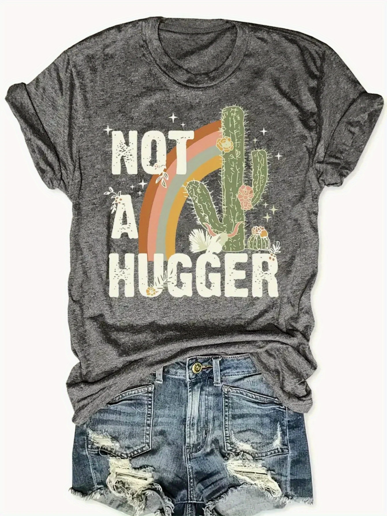 Camiseta para mujer Not A Hugger - Camiseta informal gris con gráfico de arcoíris y cactus estilo bohemio