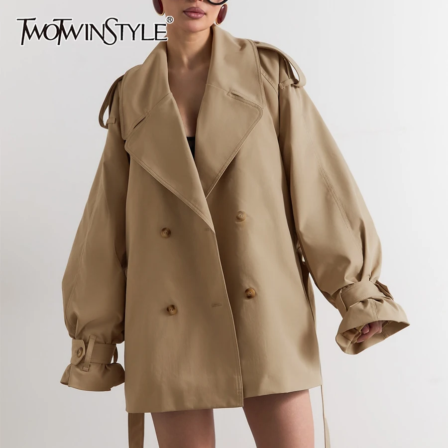 TWOTWINSTYLE Street Oversized Lapel Jacket for Women Double Breasted Belted Waist Epaulet Long Sleeve Outerwear for Daily Coat