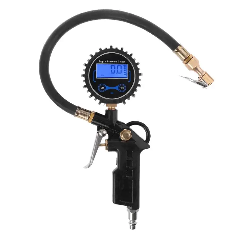 Digitals Tires Inflators Pressures Gauges LED Displays Tyres Deflators Gages with Straights Brass Lock-ons Chucks Rubbers Hoses