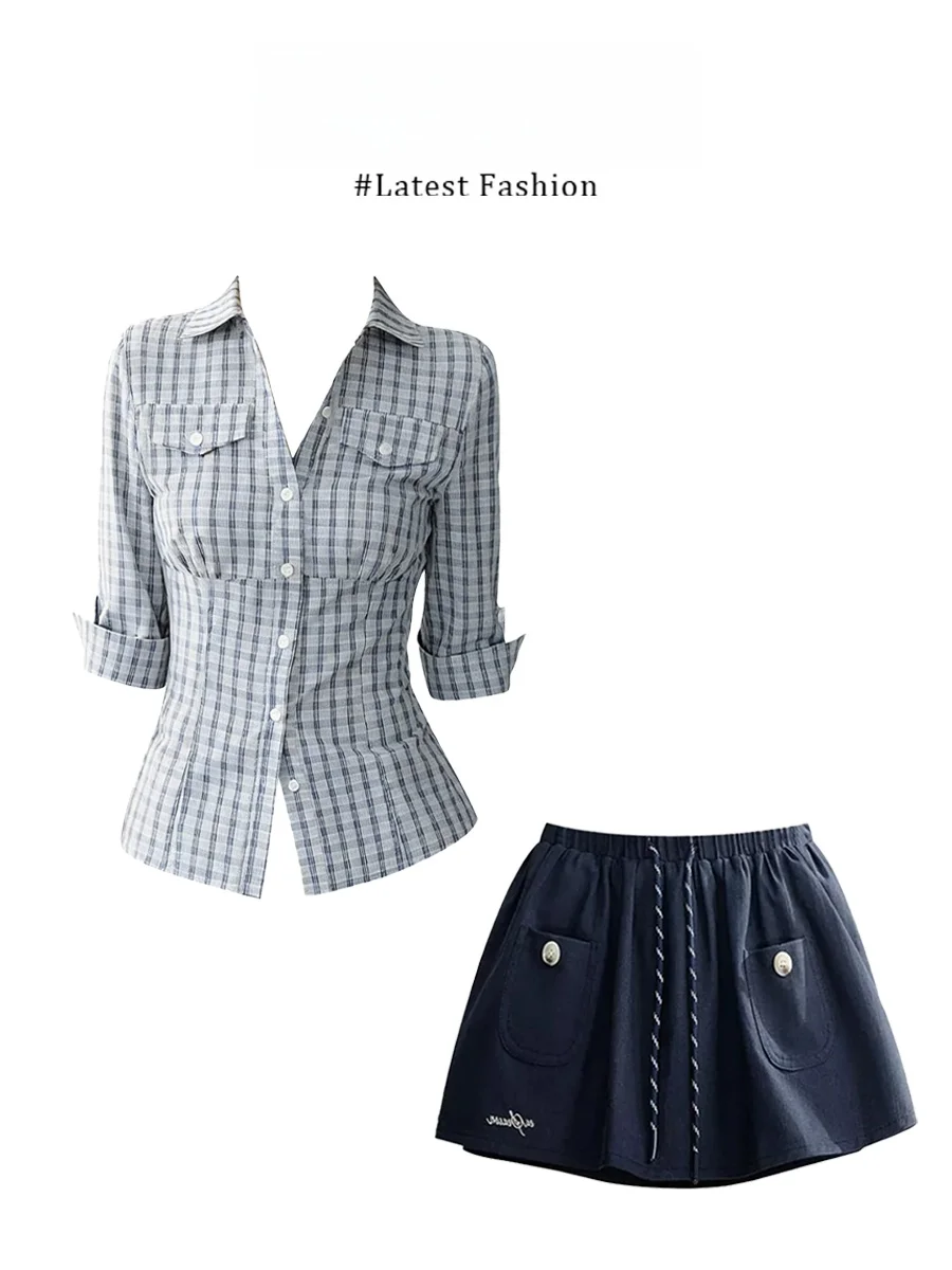 Slim Fit Plaid Shirt Women's Vintage Collar mid Sleeve Waist Cinching Summer New Style Cleanfit Polyester Fiber Shirt
