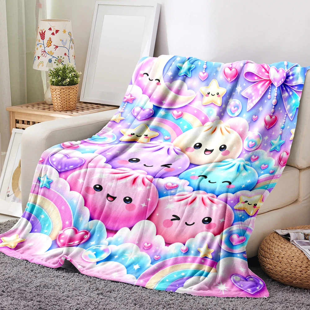 1PC Kawaii Dumpling and Rainbow Print Blanket-Made of soft, fluffy flannel, perfect for bed or sofa. Colorful bedroom decor is a