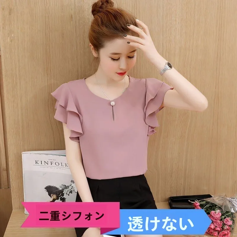 Loose Fit Casual Style Women's Short Sleeve Chiffon Top Fashionable Belly Covering Versatile Work Commute Shirt Polyester Fiber