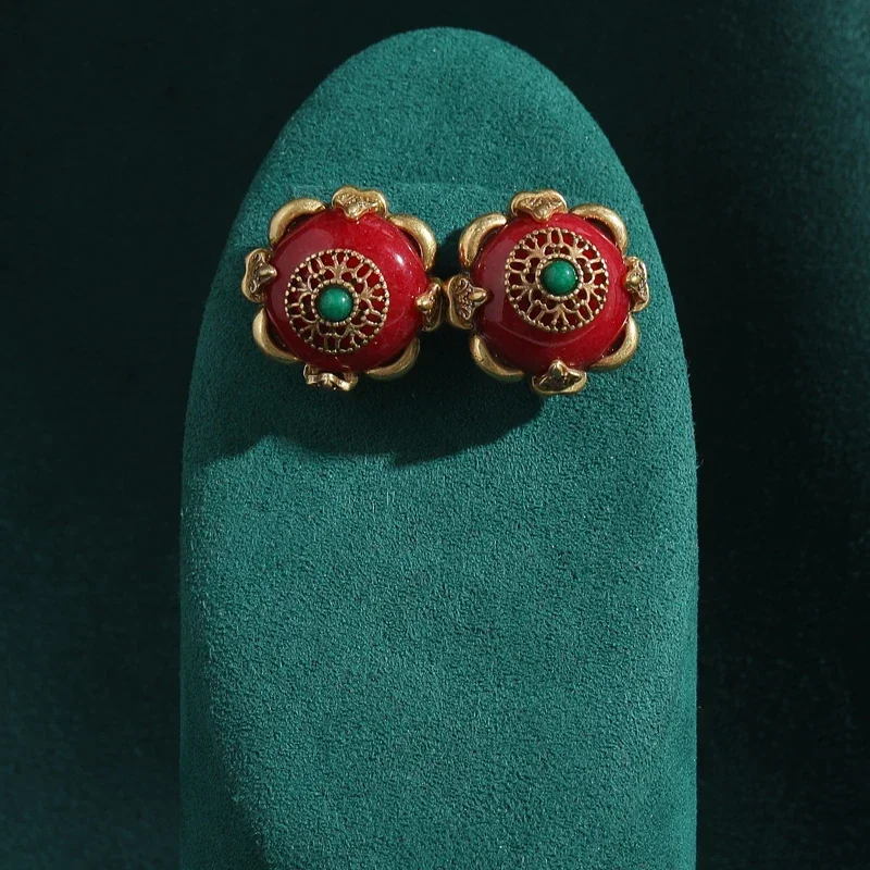 Vintage Round Red Natural Stone Stud Earrings For Women Jewelry Crystal Retro Antique 2025 Trend Classic Elegance New In Gift