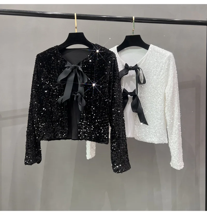 European and American Crew Neck Lace-up Short Sexy Nightclub Sequined Long-sleeved Jacket Winter Clothes Women