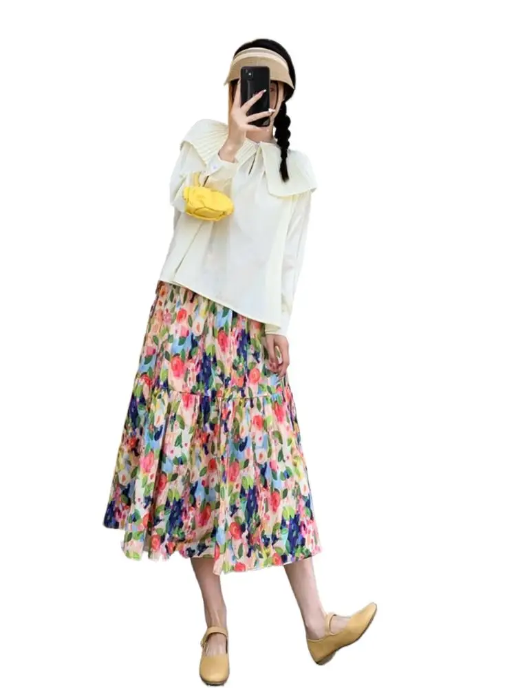 

Floral Print A-LINE High-waisted Skirt 2024 New Summer Vintage Casual Fashion Cotton Lotus Leaf Skirt For Women