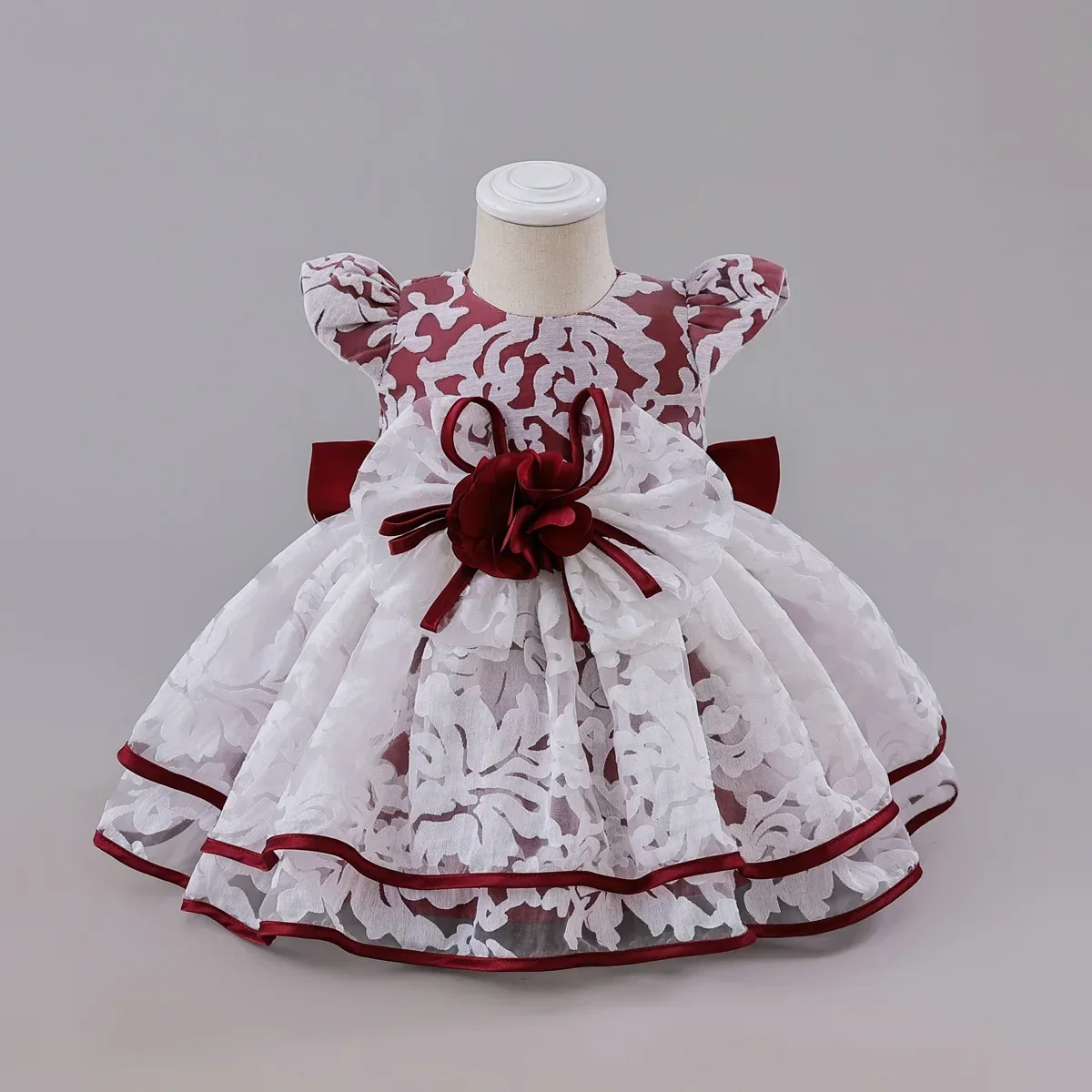 Kid Puff Sleeved Lace Jacquard Baby Dress Wedding Party Performance Show Bow Satin Ribbon Trim for Children Girl Party Gown