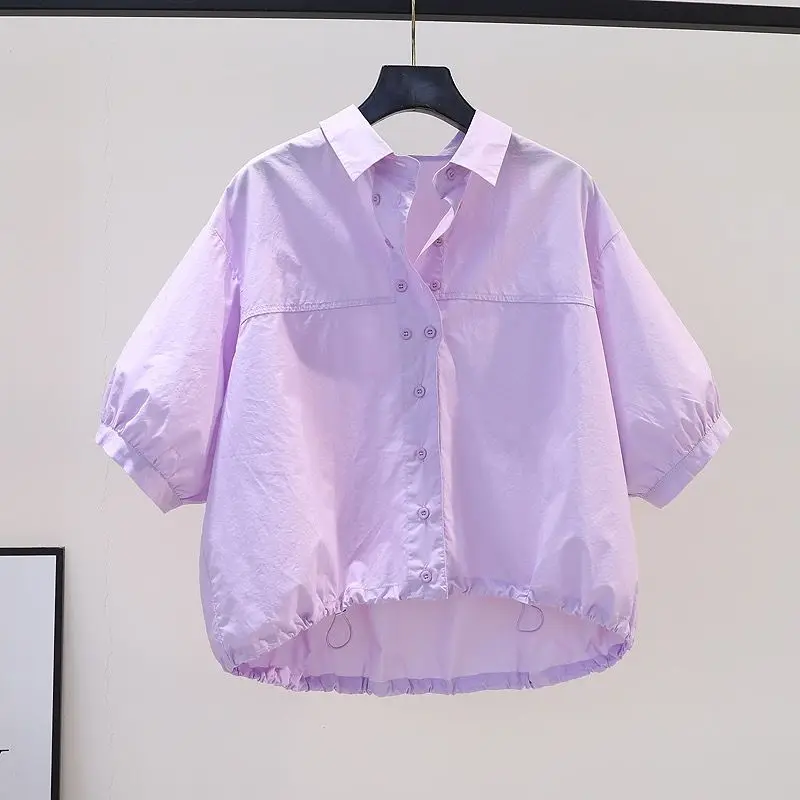 

Cotton Purple Shirt For Women In Summer 2025, Thin, Loose Lantern Sleeves, Short Sleeved Shirt, Short Top