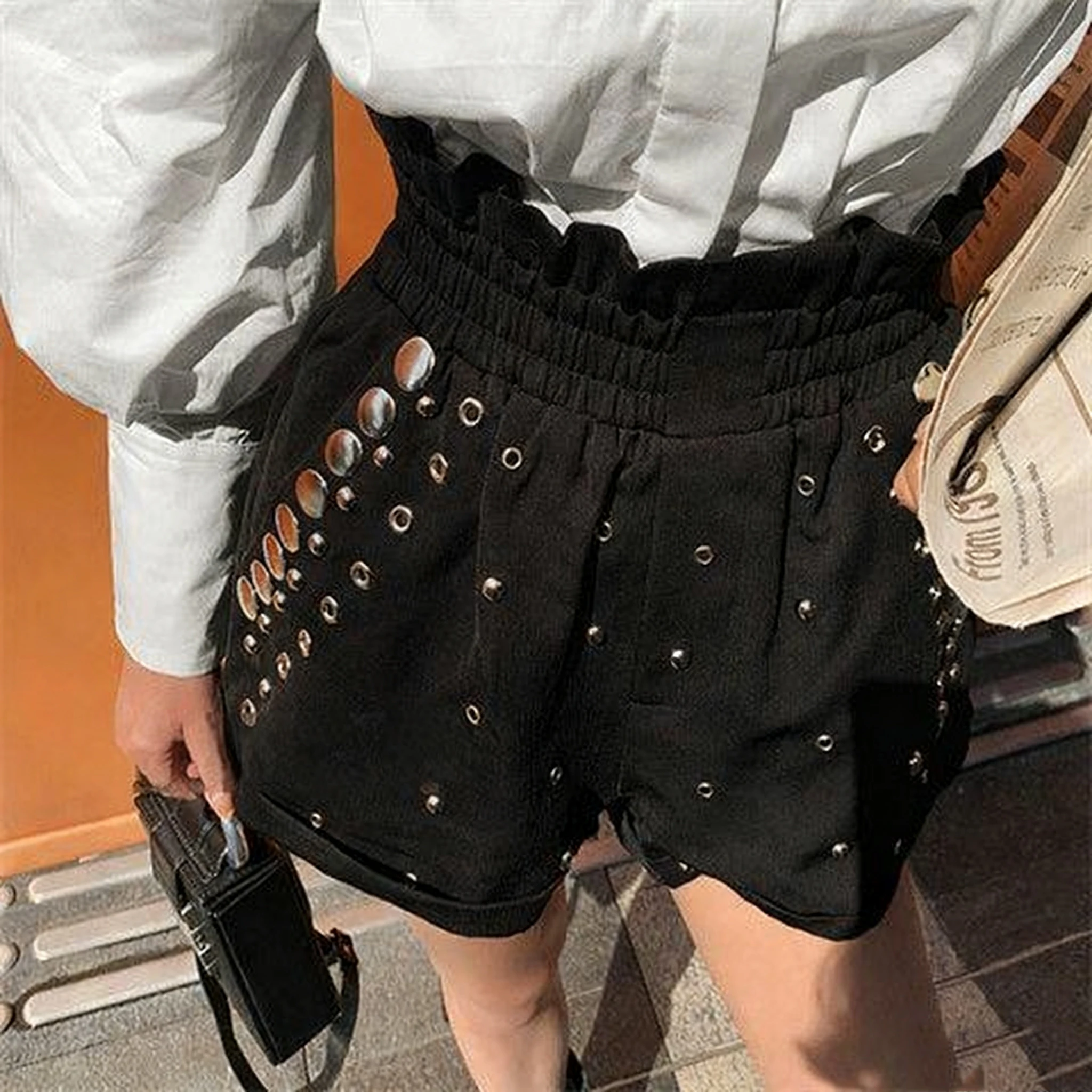 

Women's Y2K Gothic Rivet Shorts - High Waist Elastic Waist Black Shorts with Metal Ring Detail, Edgy Vintage for Spring Summer