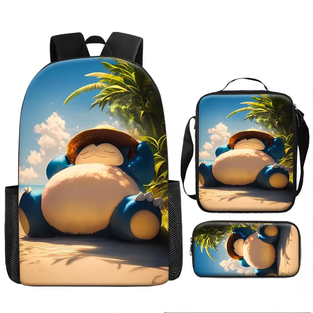 Kids Bag, Pokemon Anime, 3pcs Backpack Set Snorlax Wearing Straw Hat Beach Vacation Palm Trees Blue Sky Print Waterproof Stud