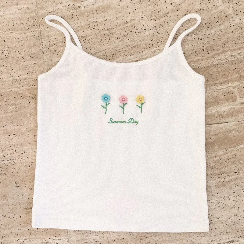 

Cute Crop Top Women Summer Colorful Button Flowers Letter Embroidery Chic Fashion Cotton Camis for Sweet Girl Kawaii Clothes