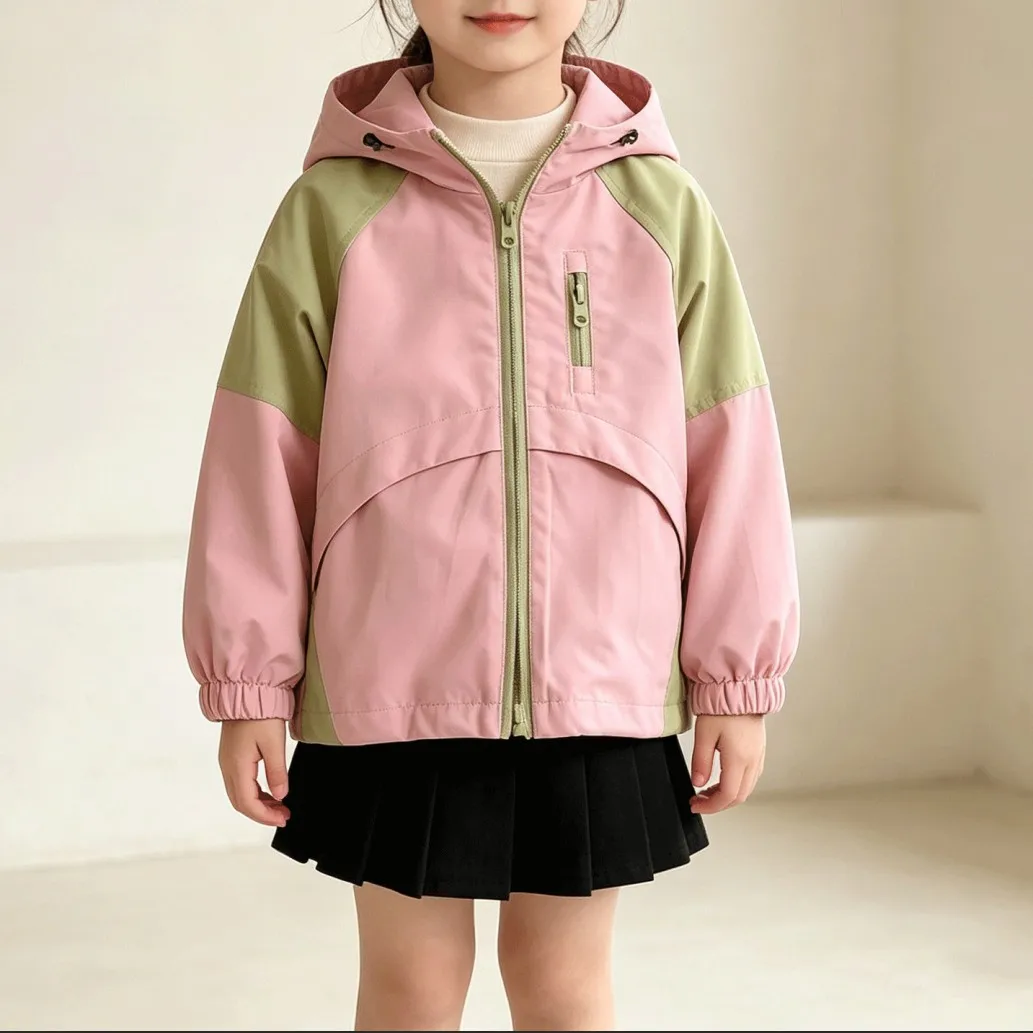 New Spring and Autumn Girls' Jackets Hooded Tops Children Windbreakers Stylish Patchwork Versatile Jackets