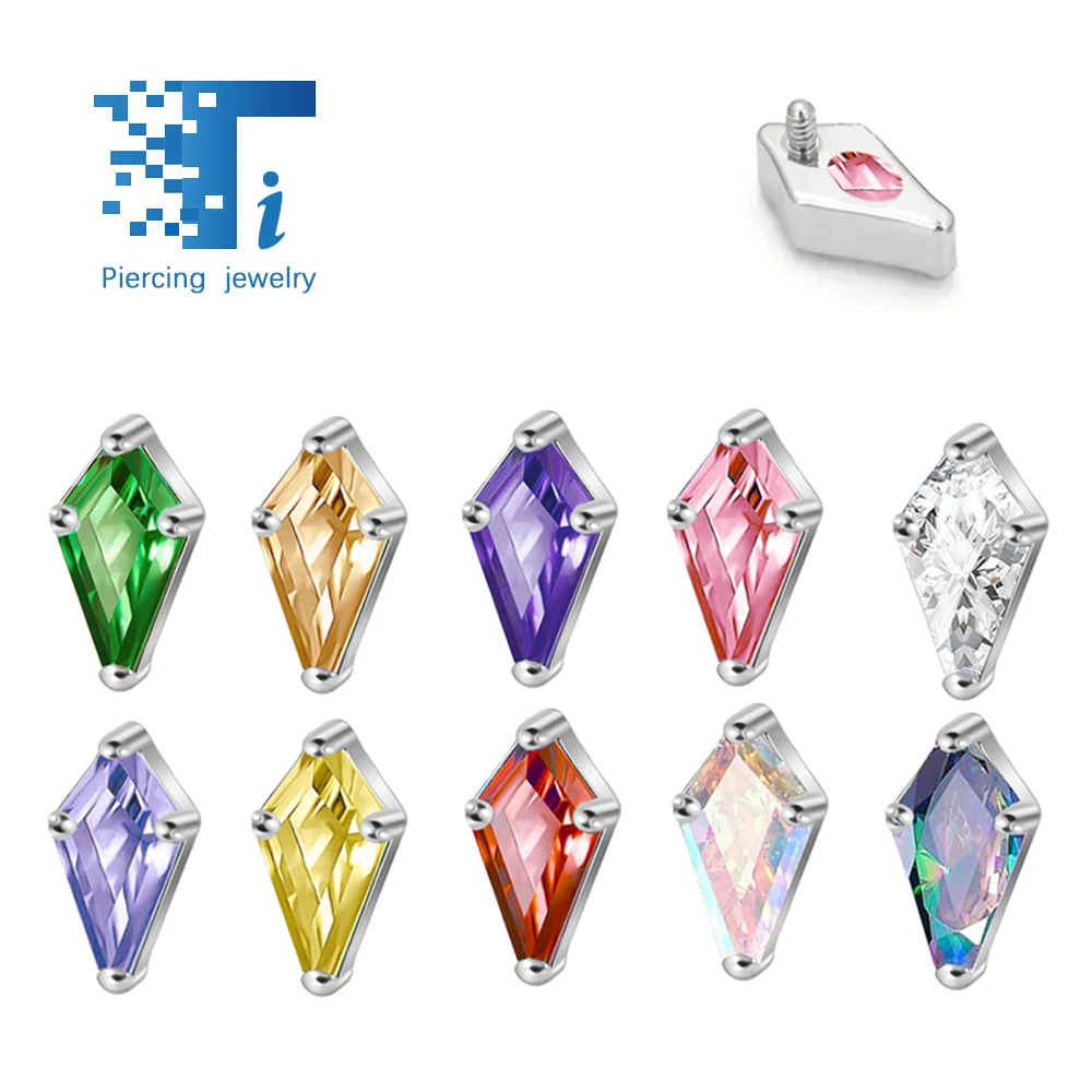 F136 Kite-shaped earrings with colored zirconia 16G18G inner spiral titanium lip stud ear bone stud body piercing jewelry