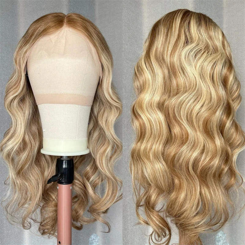 

Good Quality Ombre Golden Blonde Synthetic Wigs Free Part HD Invisible Lace Front Wigs Human Hair Blend Wear and Go Glueless Wig