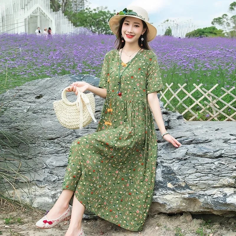 Sukienka letnia do połowy łydki 2025 Artystyczna lniana sukienka Etniczny styl Luźna Oversize Kwiatowa Klamra Casual Retro Sukienka W355