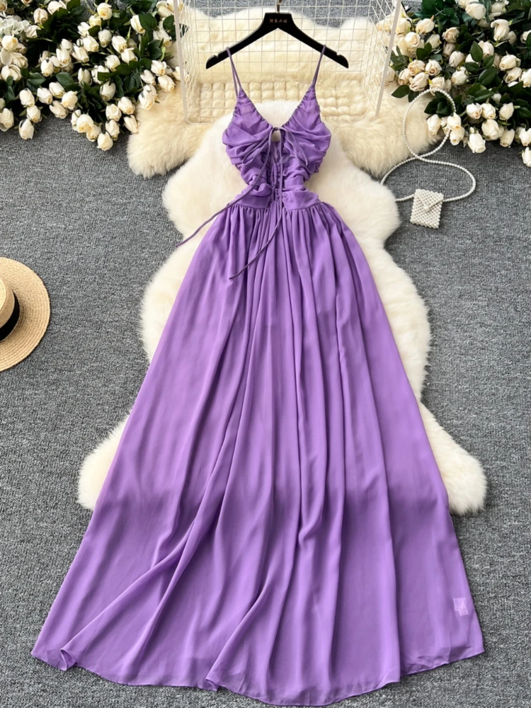 Women Purple Long Dress Summer Hollow Sexy V-neck Hanging Beach Dresses French Pleated Backless Boho Long Robe Vestidos