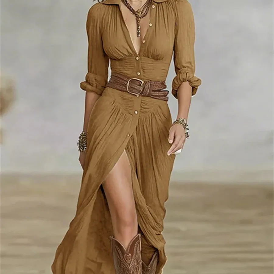 Robe décontractée à manches longues, col en v, simple boutonnage, plissée, couleur unie, coupe ample, fendue, longueur cheville, avec ceinture, 4 couleurs, nouvelle mode