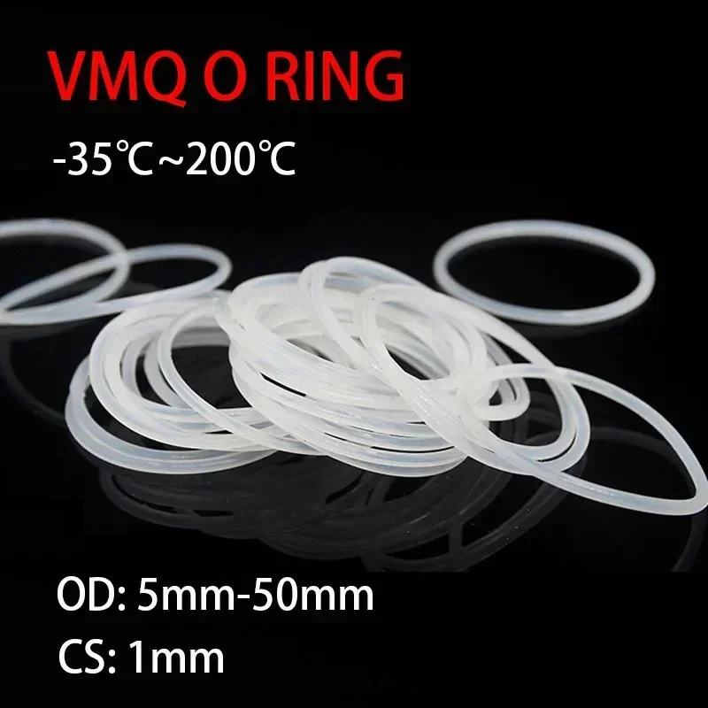 50pcs VMQ O Ring Seal Gasket CS 1mm OD 5 ~ 50mm Silicone Rubber Insulated Waterproof Washer Round Shape White Nontoxic