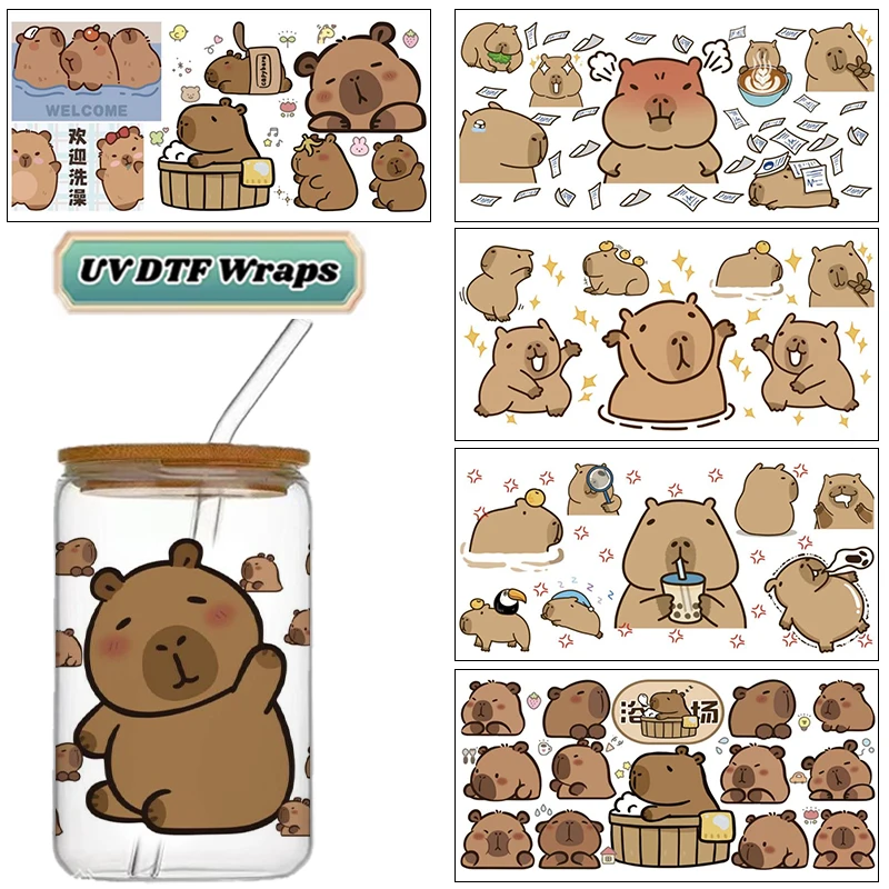 Cute Capybara UV DTF Wraps, Kawaii Cartoon Animal Stickers for 16oz Glass Cans, Waterproof DIY Transfer Decals for Cup Decor