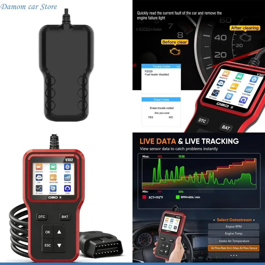 

A2UC V302 OBD2 Scanner Car Diagnostic Tool With Engine Fault Code Reader Live Data Battery Test For 12V Vehicles Trucks SUVs