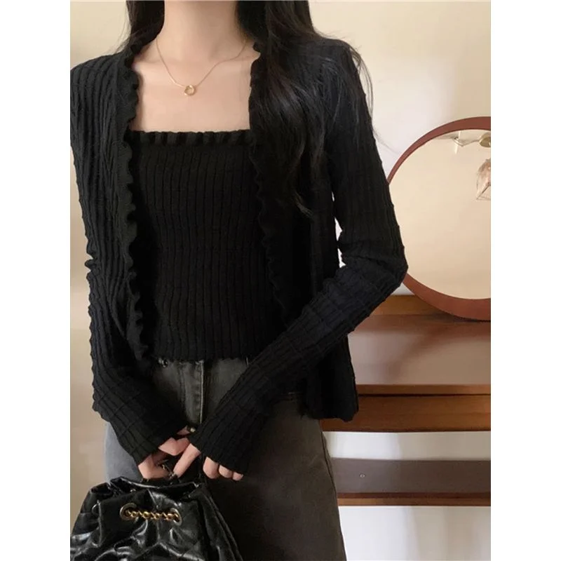 Women's Spring Autumn New Black Ear-Ear-Knitted Cardigan with Two-Piece Long-Sleeve Short Top