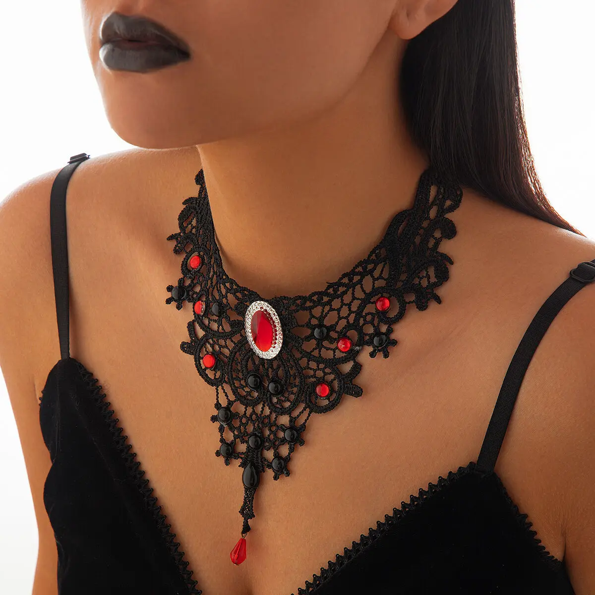 KunJoe Gothic Hollow Out Black Lace Choker Necklace Women Vintage Punk Red Blood Drop Pendant Necklace Halloween Neck Chain New