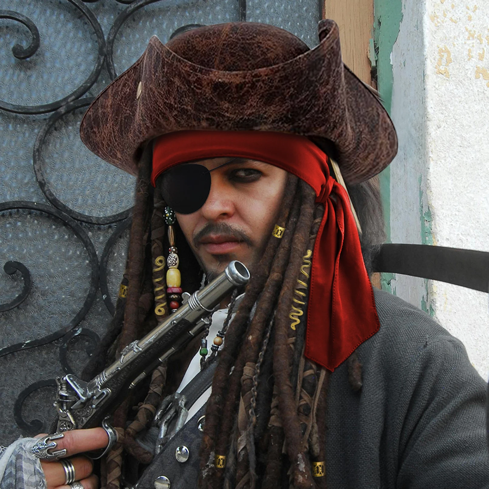 Cappello da pirata rinascimentale per adulto Cappello tricorno in ecopelle marrone per uomo Donna Accessori per costumi da pirata cosplay di Halloween