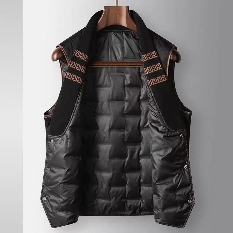 2025 Autumn/Winter New Men's Vest Shoulder Inner Wear Outer Goose Velvet Warm Knitted Collar Middle aged Youth Light Luxury Vest