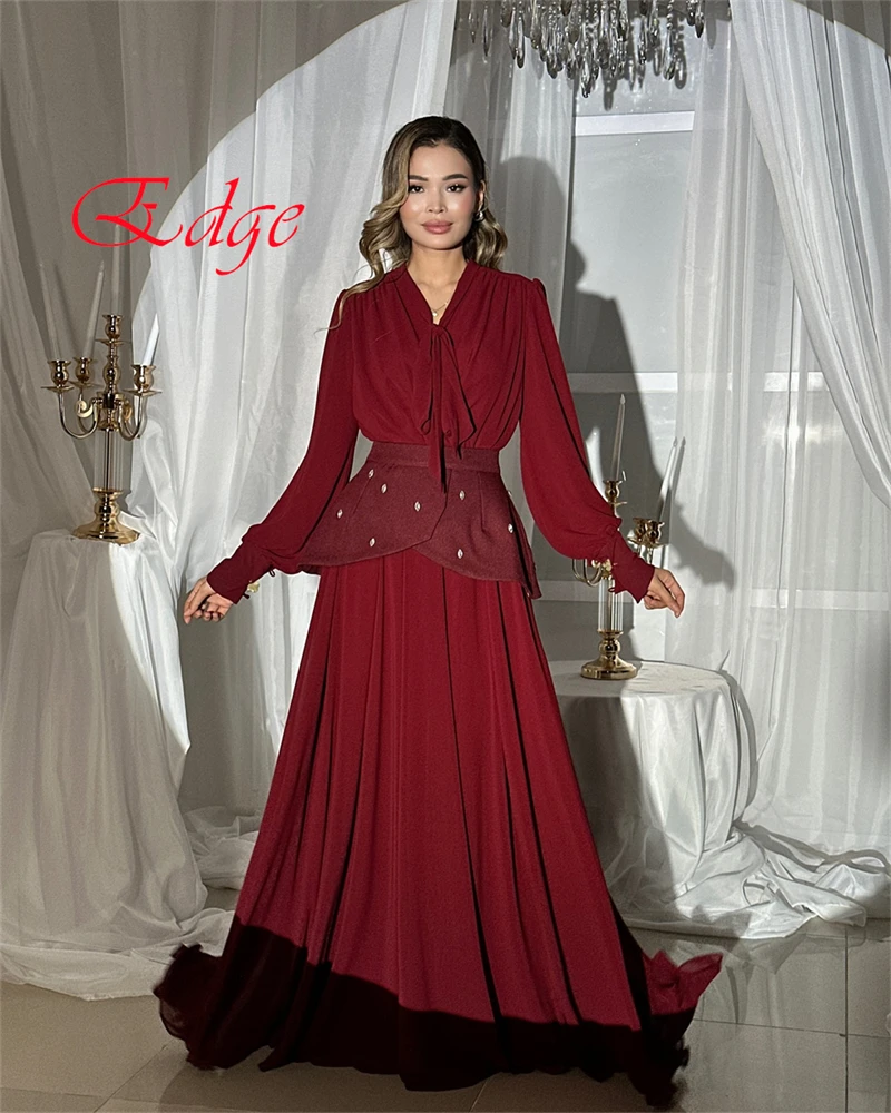 Customized Modern Burgundy Jersey Evening Dress Exquisite V-Neck Long Sleeves Lace Up Back Belt Sweep Train Homecoming Dress