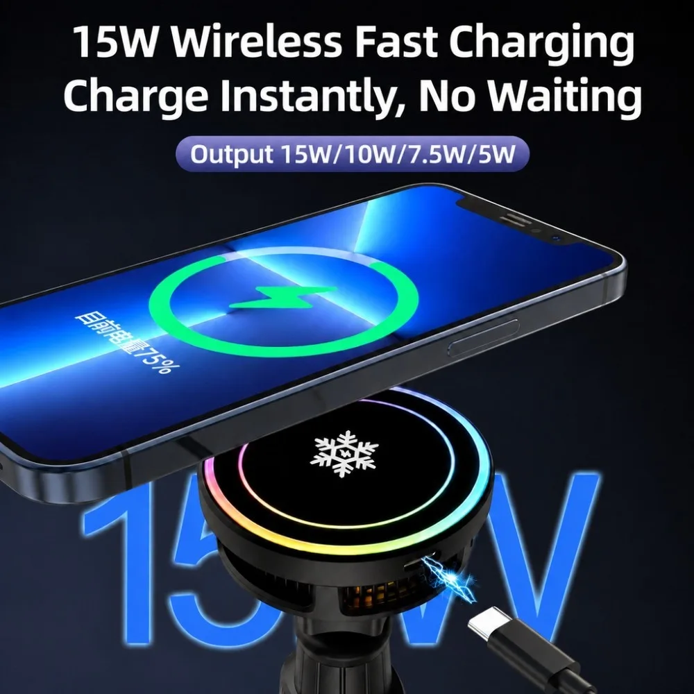 15W Magnetic Wireless Car Charger With TEC Cooling Fan And RGB Light, Type-C Fast Charging Phone Holder Mount For GPS Navigation