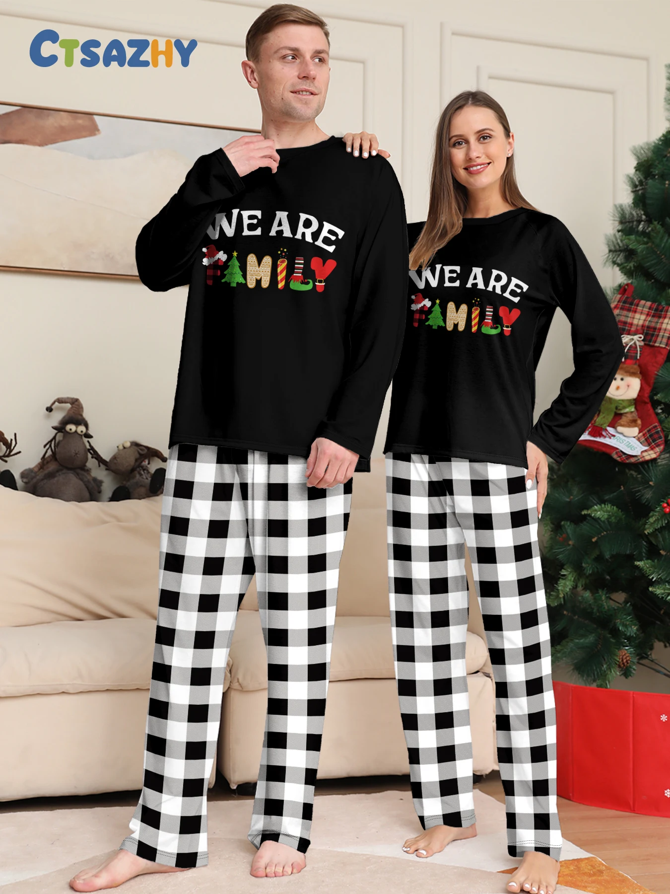 

Christmas Couple Pajamas Set "WE ARE FAMILY" Christmas Graphic Black White Plaid Long Sleeve Sleepwear for Men Women