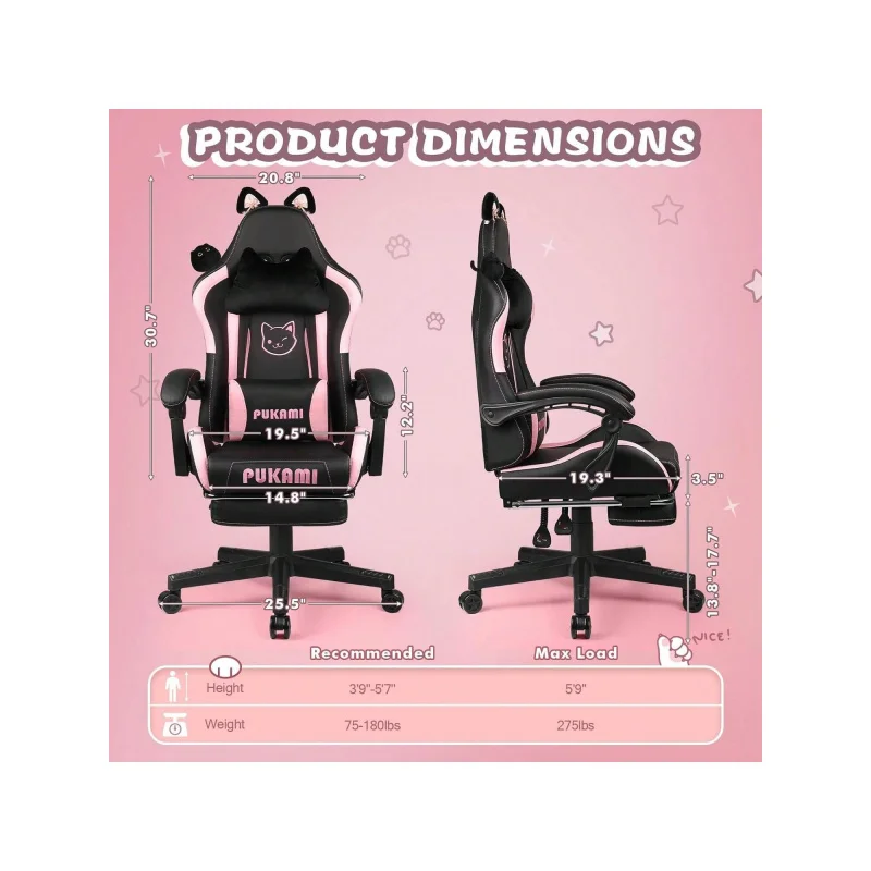 Pink Gaming Chair| Cat Ears, Cat Paw Cushion Pillow, Footrest, Ergonomic, Kawaii, Reclining