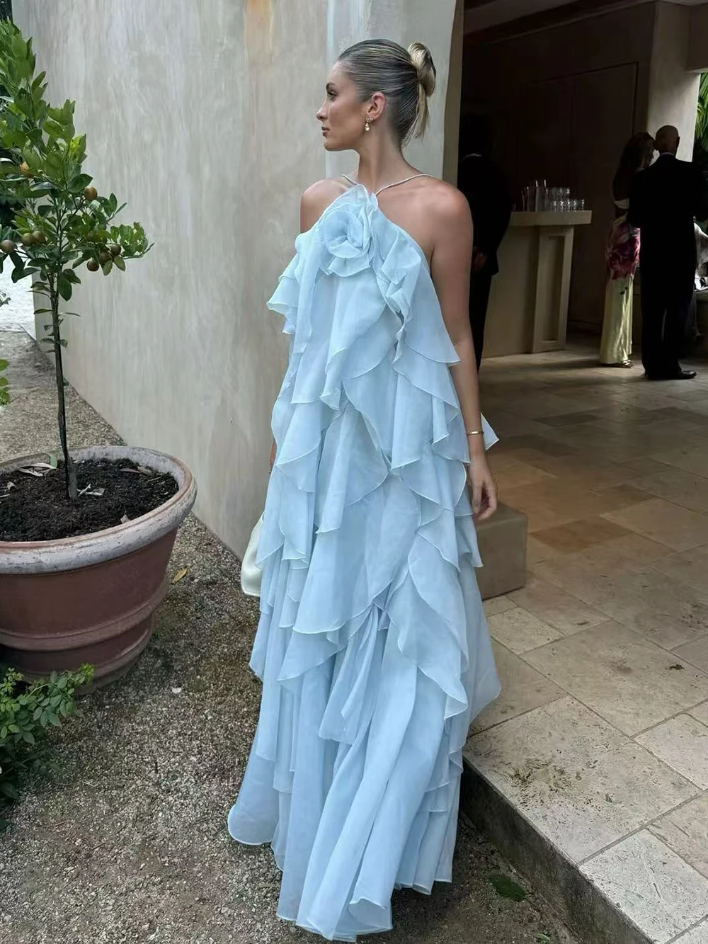 Modphy sexy multi camadas babados rendas vestido longo feminino flor sem costas sólido festa praia vestidos femininos 2025 verão senhora robe