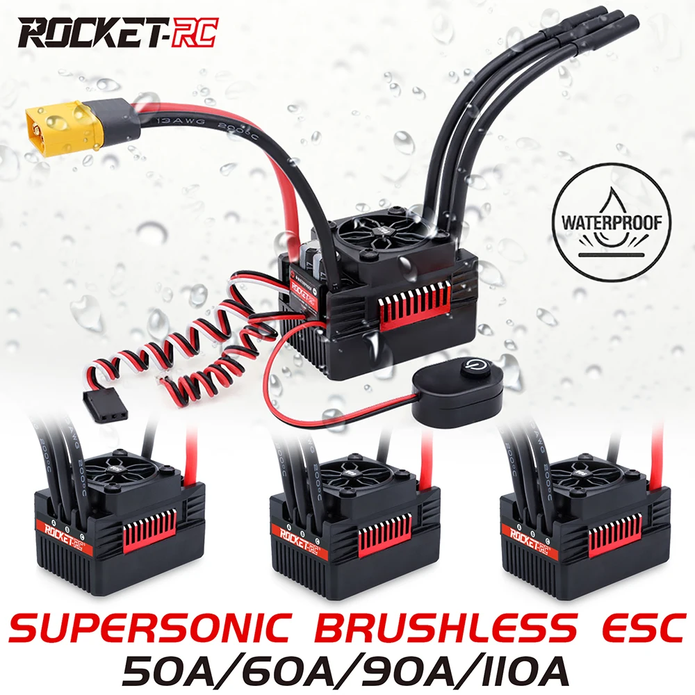 Rocket V2 Supersonic 50A 60A 90A 110A ESC Waterproof Brushless Speed Controller with 7.4V/8.4V 6A BEC for 3650 Motor 1:10 RC Car