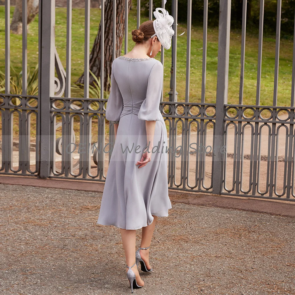 Vestido Midi de gasa para madre de la novia, vestidos de fiesta de media manga con cuentas, color gris