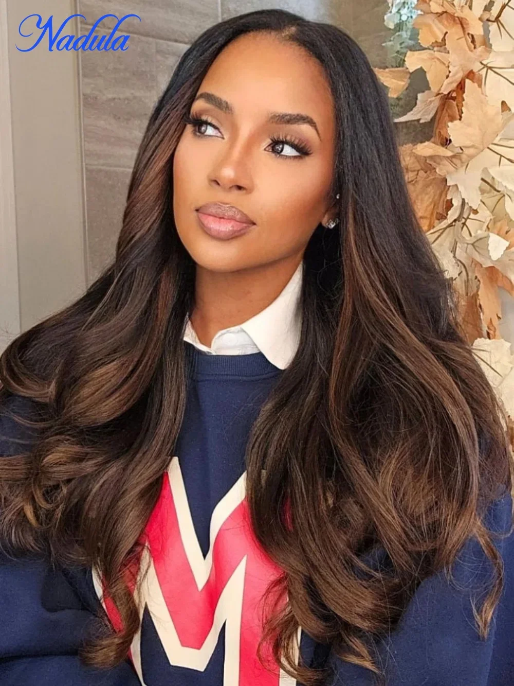 Nadula Chestnut Brown Ombre Yaki Straight Put On and Go Glueless Wig 7X5 Bye Bye Knots Glueless Human Hair Wigs with Invisi Drawstring Pre Cut Transparent Lace Pre Plucked Density 180%