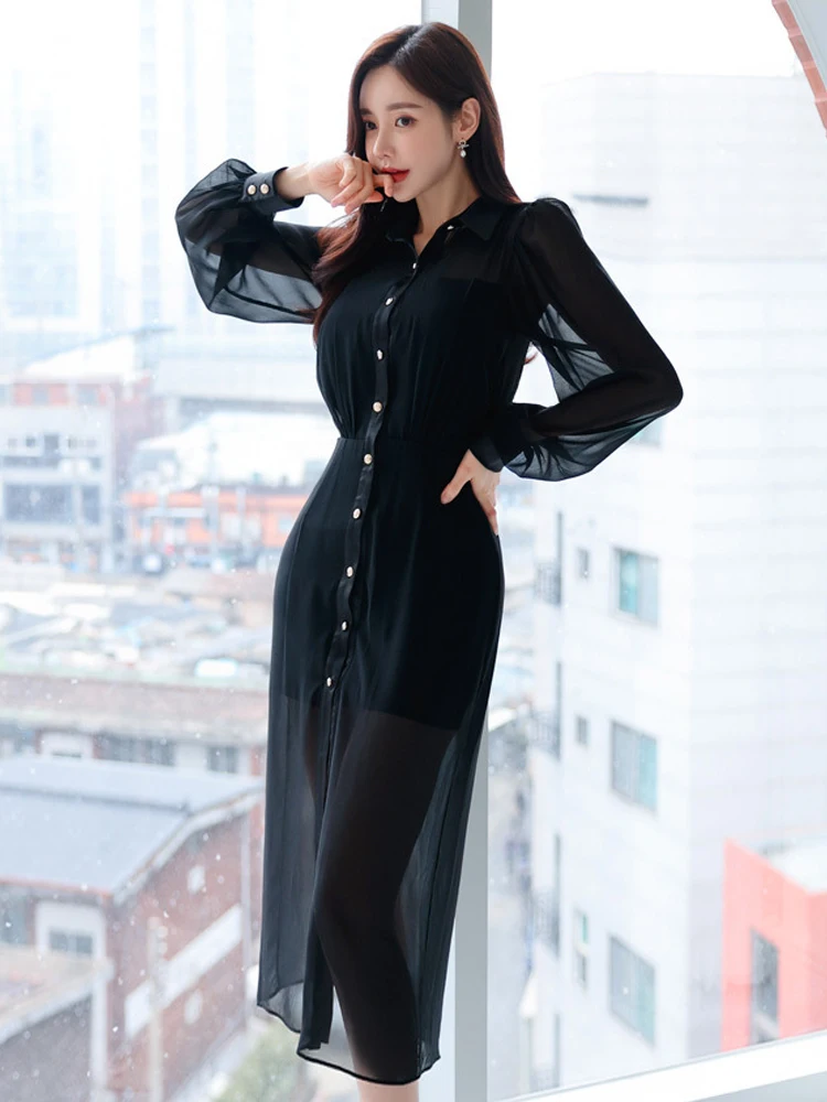 Abito professionale elegante stile camicia Abiti da donna Nero sexy trasparente trasparente a maniche lunghe Abito da lavoro femminile Abiti da strada