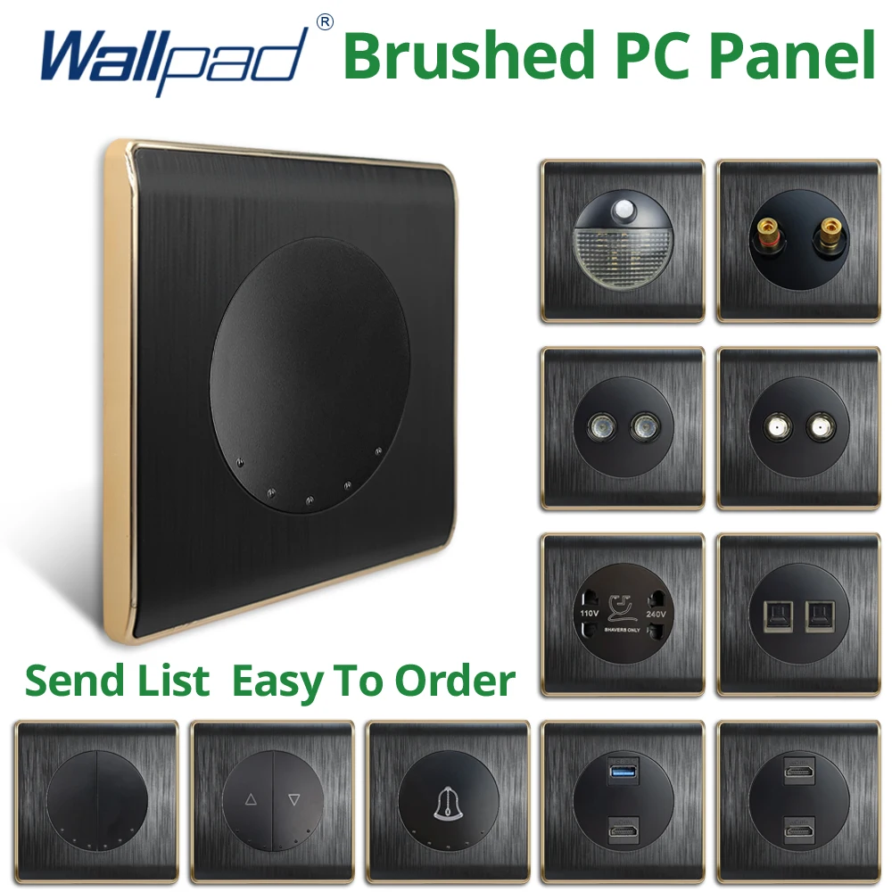 Wallpad 1 2 Gang Reset Intermediate Wall Light Switch Black PC Panel With Gold Edge TV SAT Shaver Socket HDMI USB3.0