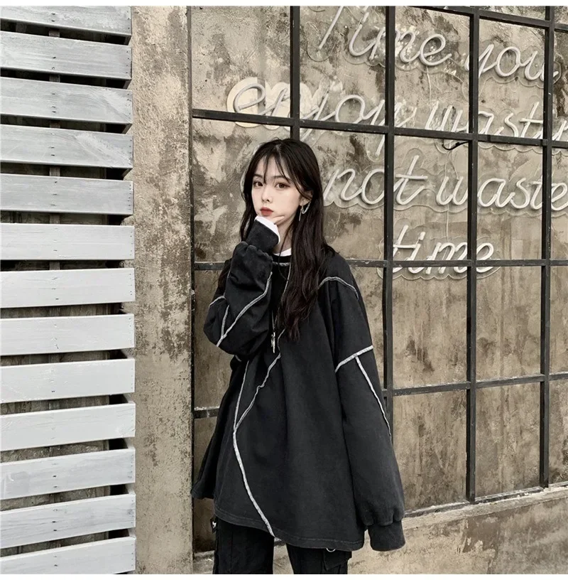Korean Style Hoodies Harajuku Black Hip-hop Chic Teens Sweatshirts Autumn Trendy All-match Daily Simple Womens Y2k Streetwear