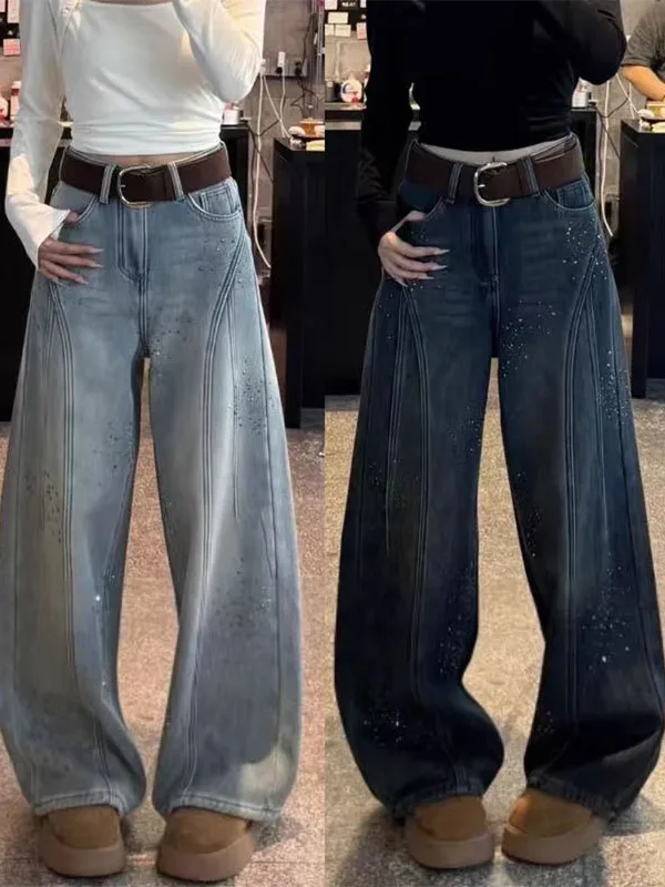 

American Sle High Waist Wide Leg Jeans Women Loose Fit Spring New Long Pants Casual Commute Sle Faded Blue Denim