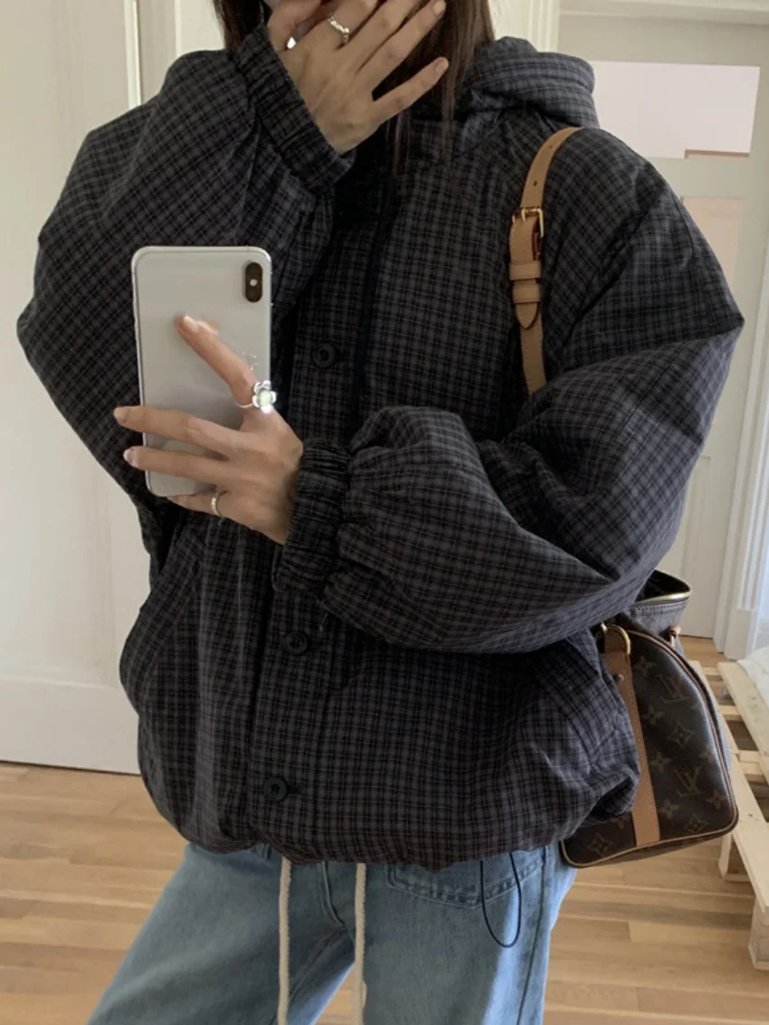 Parki damskie Alien Kitty z bawełny, klasyczne z kapturem, zimowe, codzienne, nowe, w kratę, luźne, szykowne, minimalistyczne, delikatne, do biura, na co dzień, model 2026.