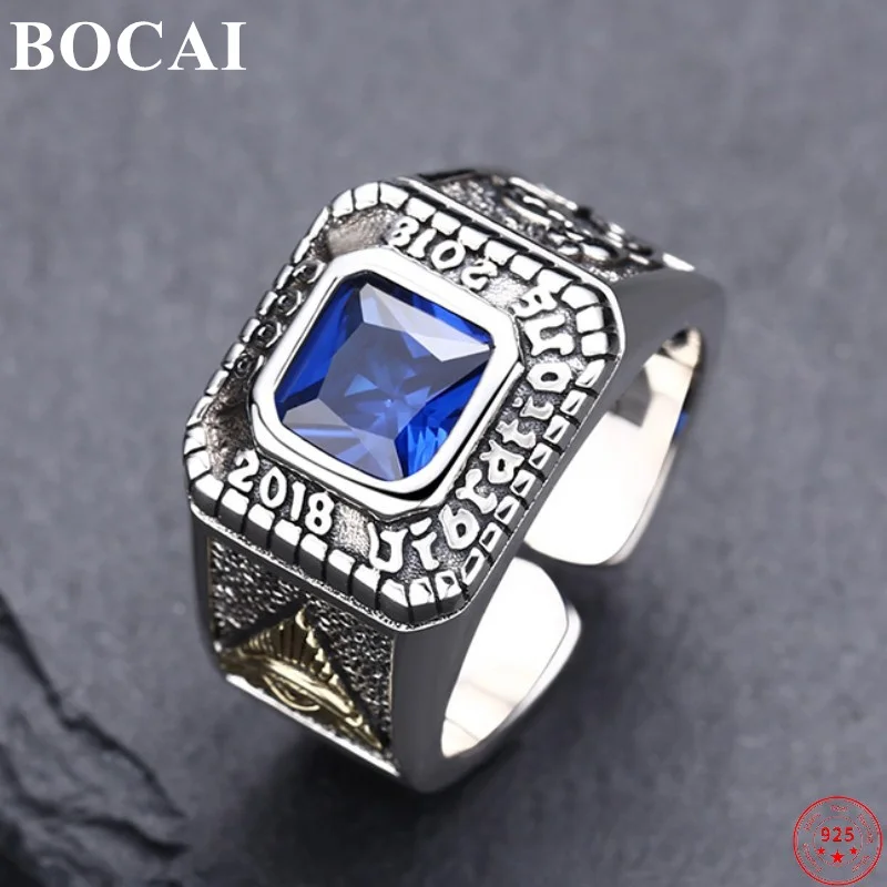 BOCAI S925 Sterling Silver Rings for Men Women  New Fashion Eye of Providence Bird Blue Zircon Pure Argentum Classic Jewelry